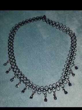 Set of 3 Black Tattoo Style Chokers Blue Crystal Dangle Y2K Goth Stretch Necklac